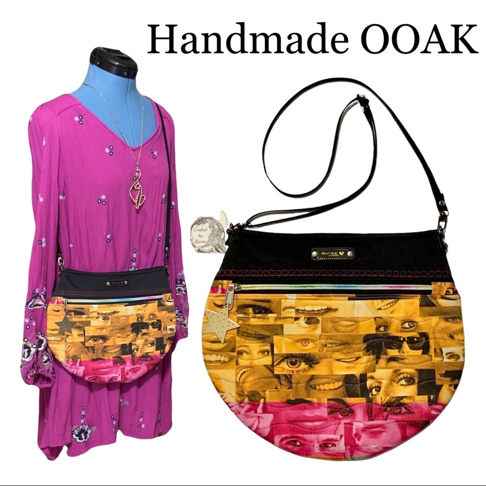 HAND CRAFTED ⭐️HP! Crossbody Bag OOAK made with  Faces Fabric, Pink and yellow